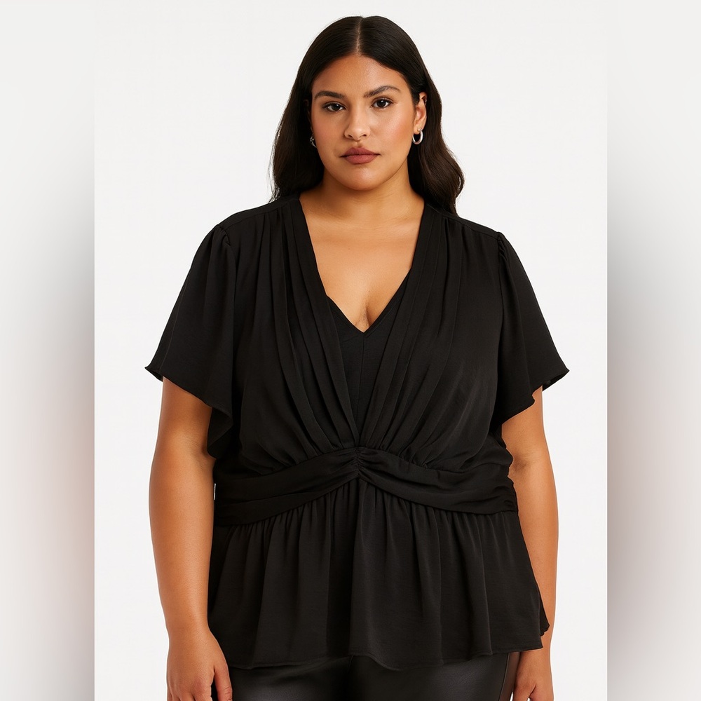 Addition Elle Womens Black Satin V-Neck Blouse 3X Elegant Draped Edgy officegoth